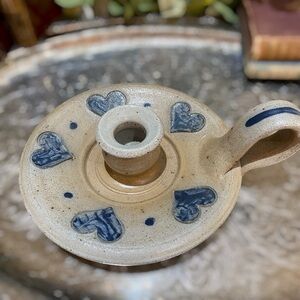 Vintage Rowe Pottery Works Salt Glaze Stoneware Chamberstick Candle Holder Blue